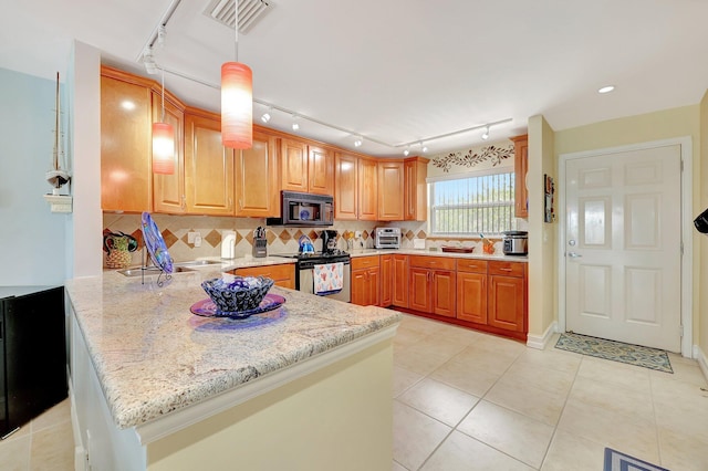 kitchen with hanging light fixtures, electric range, light stone countertops, light tile patterned floors, and kitchen peninsula