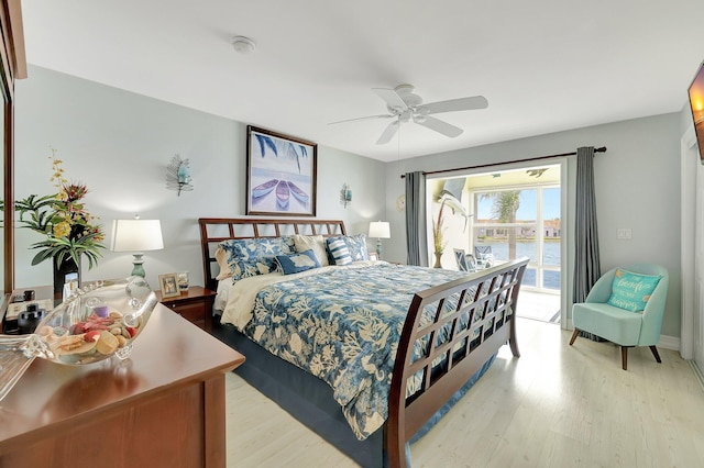 bedroom featuring ceiling fan, access to exterior, and light wood-type flooring