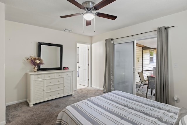 bedroom featuring access to exterior, carpet floors, and ceiling fan