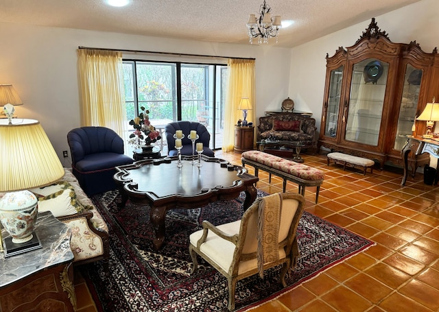 tiled living room with a textured ceiling and an inviting chandelier