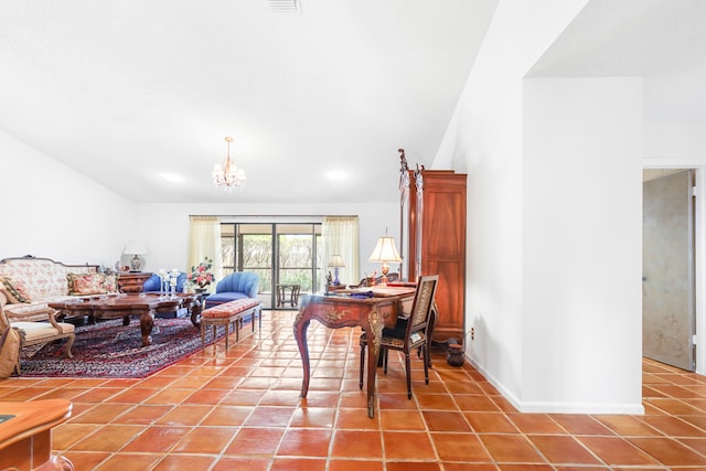 tiled living room with an inviting chandelier