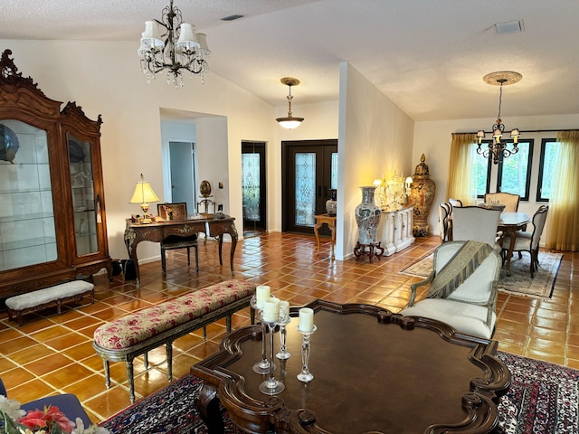 tiled living room featuring a textured ceiling, a chandelier, and vaulted ceiling