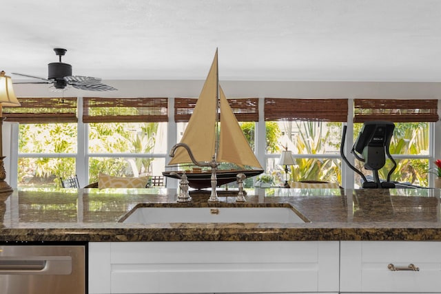 kitchen featuring a wealth of natural light, white cabinets, and stainless steel dishwasher