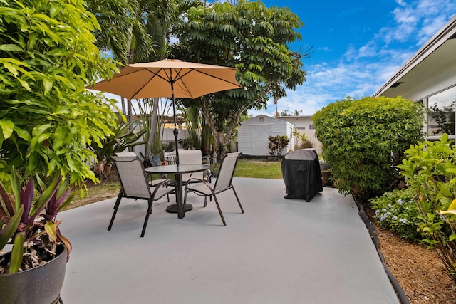 view of patio / terrace with a storage unit and a grill