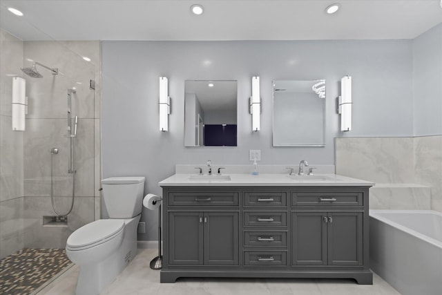 full bathroom featuring plus walk in shower, vanity, toilet, and tile patterned flooring