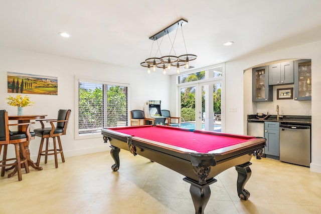 game room featuring sink, billiards, french doors, and light tile patterned floors