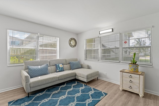 living area with baseboards and wood finished floors