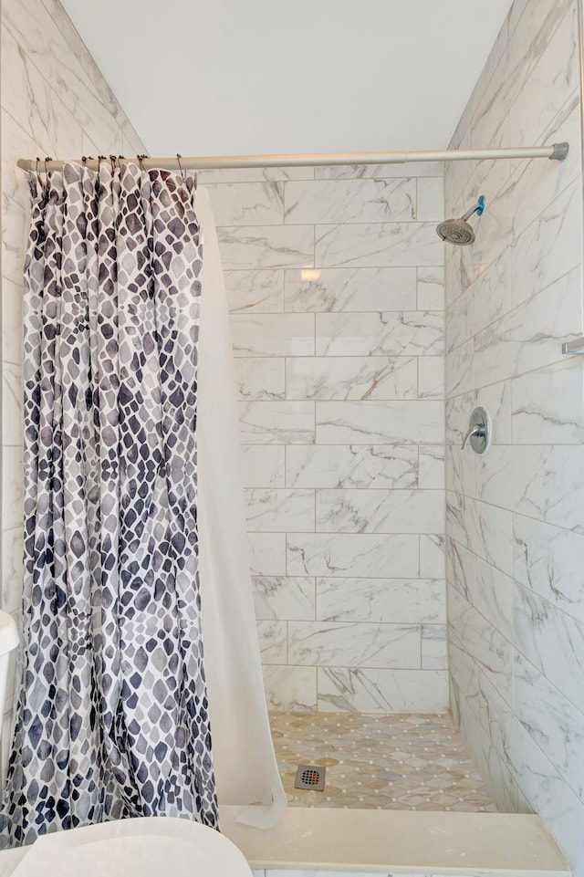 bathroom with toilet and a shower with shower curtain