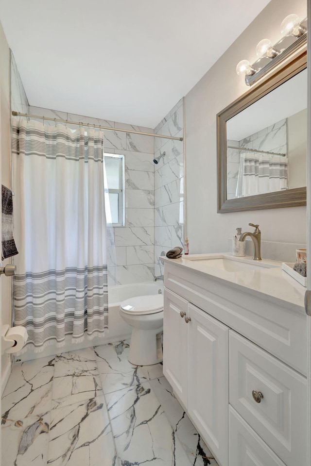 full bathroom featuring toilet, vanity, shower / bath combo, and tile patterned floors