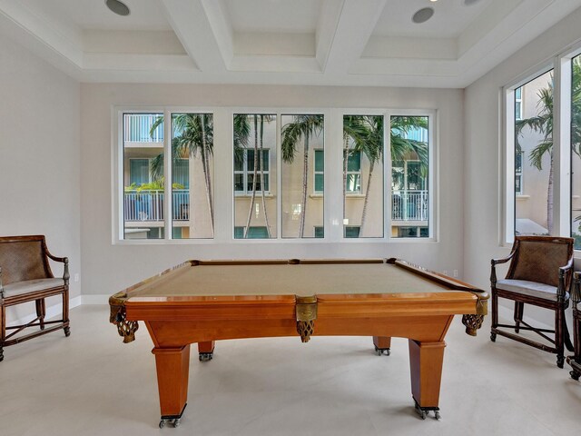 rec room featuring beam ceiling, pool table, and coffered ceiling