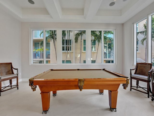 game room with billiards, beamed ceiling, baseboards, and coffered ceiling