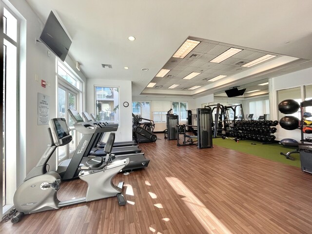 workout area with a raised ceiling and hardwood / wood-style flooring