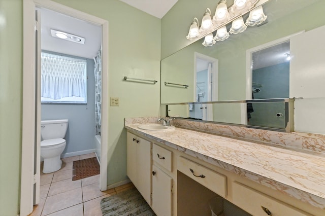 full bathroom with tile patterned flooring, vanity, shower / bath combination with curtain, and toilet