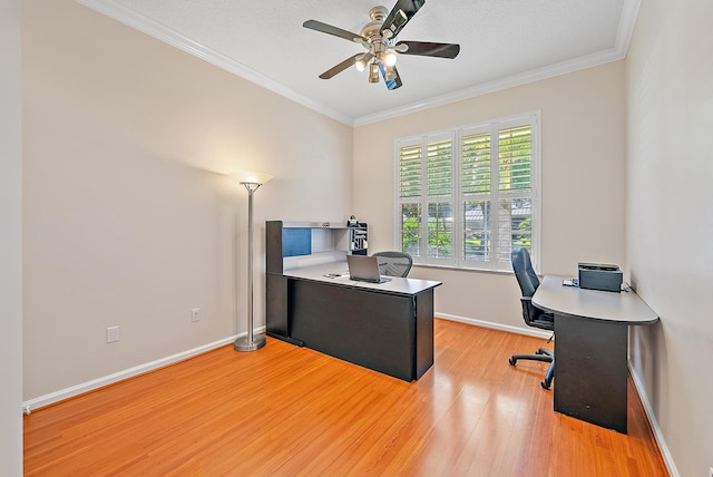 office area with ceiling fan, light hardwood / wood-style flooring, and ornamental molding