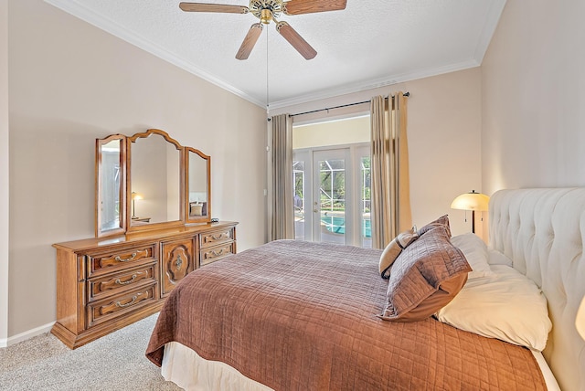 carpeted bedroom featuring ornamental molding, french doors, a textured ceiling, access to exterior, and ceiling fan