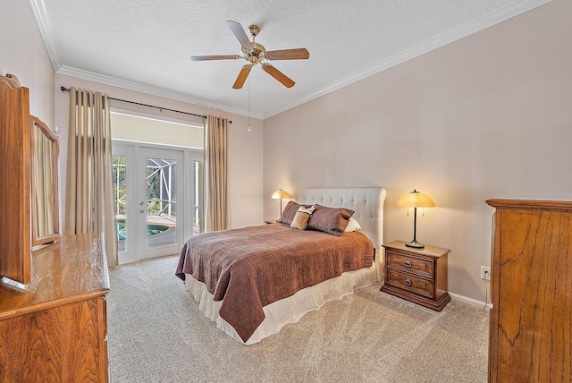 carpeted bedroom featuring ceiling fan, access to outside, crown molding, and a textured ceiling