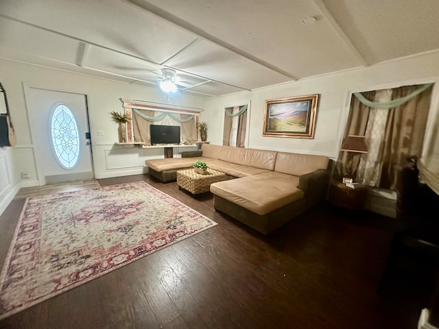 living room with ceiling fan and hardwood / wood-style floors