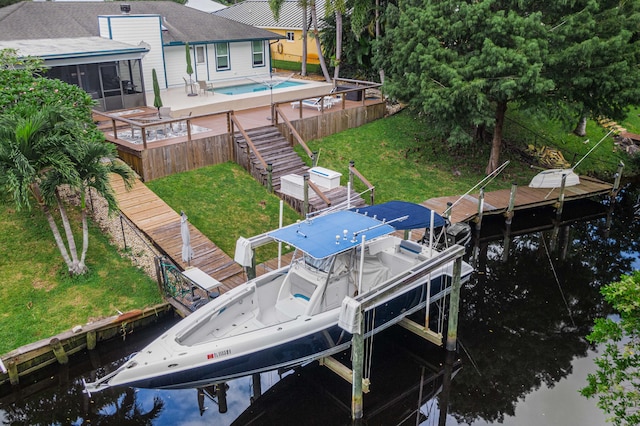 dock area featuring a water view and a yard