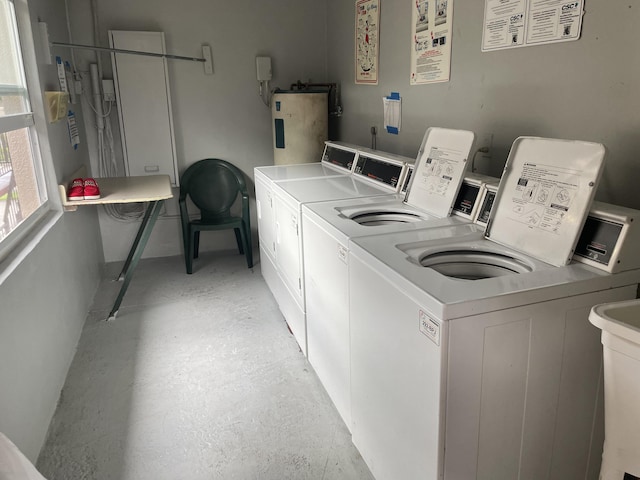 shared laundry area featuring water heater and separate washer and dryer