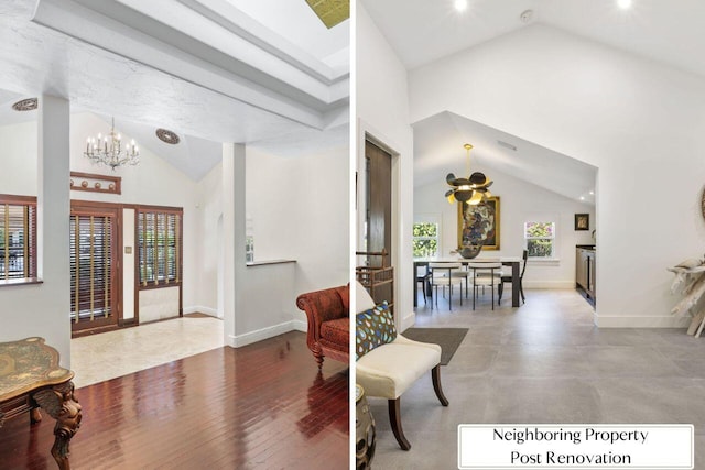 foyer entrance with a chandelier and high vaulted ceiling