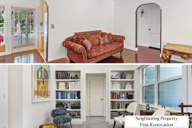 living area featuring arched walkways and wood finished floors