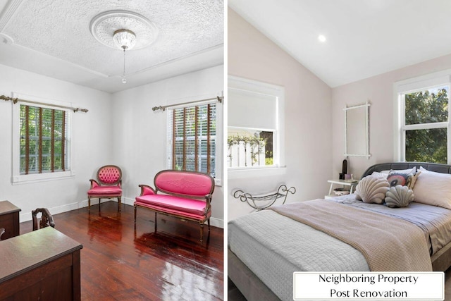 bedroom with dark wood-type flooring, multiple windows, and a textured ceiling