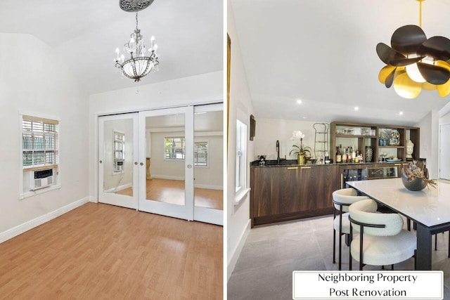 interior space with lofted ceiling, light wood-style floors, plenty of natural light, and cooling unit