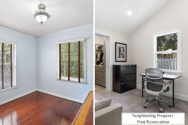 home office featuring light wood-style flooring, baseboards, vaulted ceiling, and a wealth of natural light