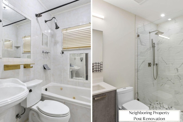 bathroom featuring tile walls, toilet, ornamental molding, a sink, and a textured ceiling