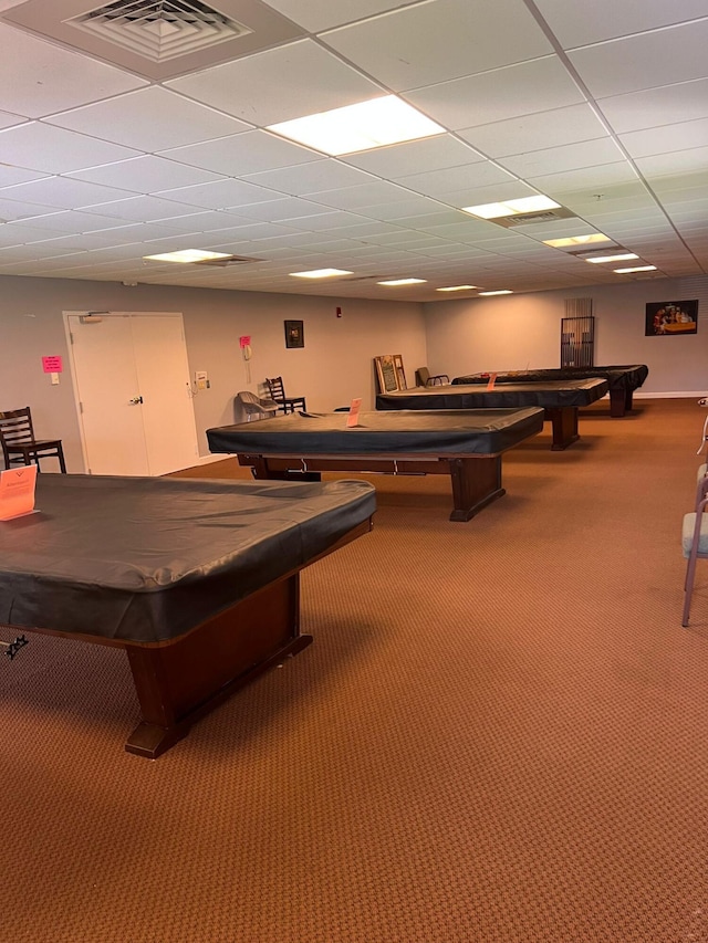 recreation room featuring billiards, carpet flooring, and a paneled ceiling