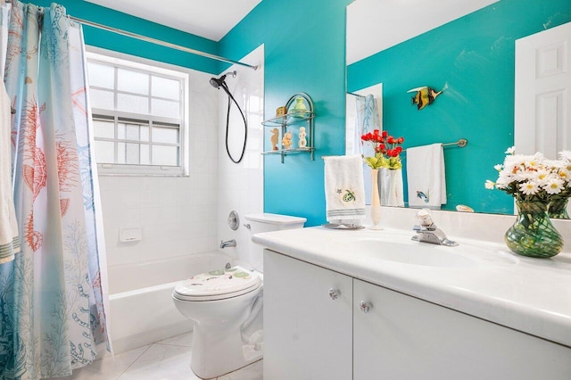 full bathroom with tile patterned floors, toilet, shower / bathtub combination with curtain, and vanity