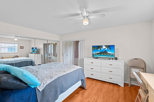 bedroom with ceiling fan and light wood finished floors