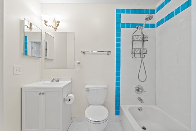 bathroom with baseboards, toilet, shower / bathtub combination, tile patterned flooring, and vanity