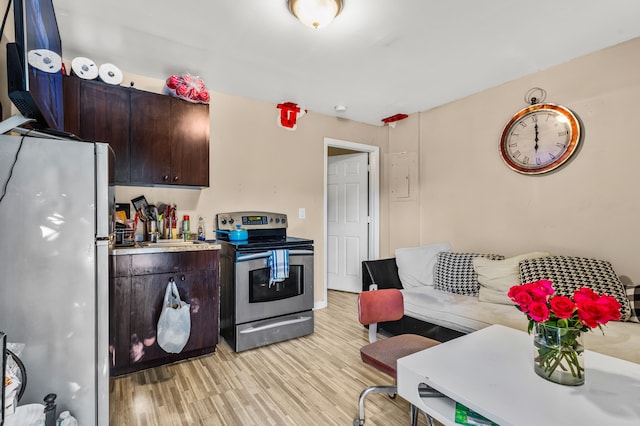 kitchen featuring light hardwood / wood-style floors, stainless steel electric range oven, dark brown cabinetry, and white refrigerator