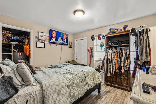 bedroom featuring wood-type flooring and a closet