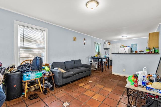 living room featuring dark tile patterned flooring and crown molding