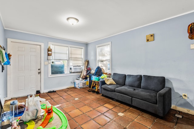 living room with crown molding and tile patterned floors