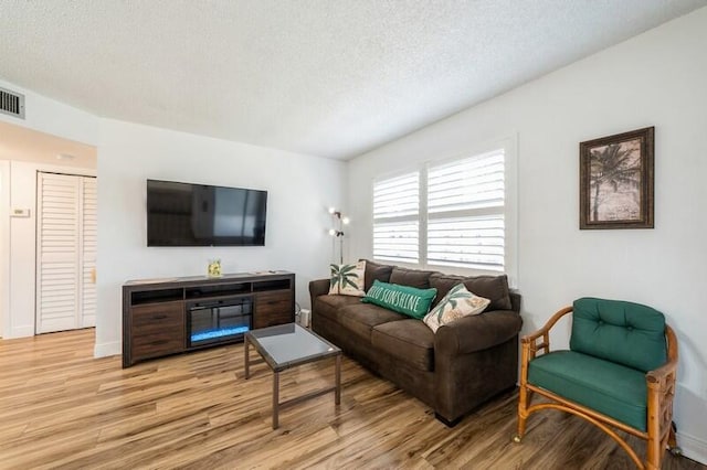 living room featuring light hardwood / wood-style flooring and a textured ceiling