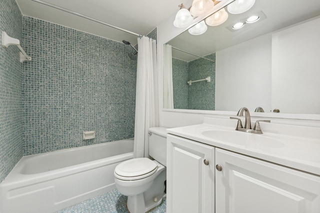 full bathroom featuring tile patterned floors, vanity, shower / tub combo, and toilet