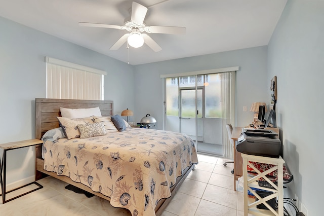 bedroom with light tile patterned floors, access to outside, and ceiling fan