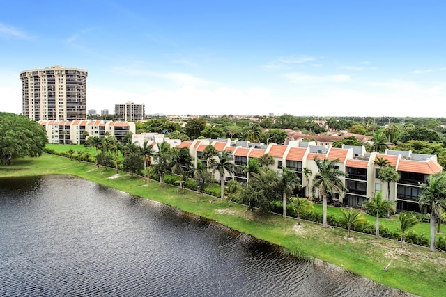 drone / aerial view featuring a water view