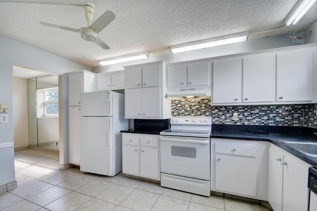 kitchen with white cabinetry, white appliances, tasteful backsplash, and ceiling fan