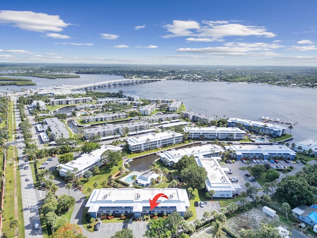 aerial view featuring a water view