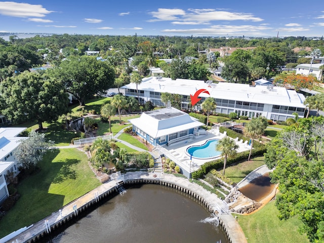 birds eye view of property featuring a water view