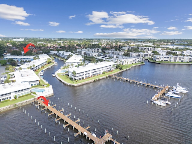 aerial view featuring a water view