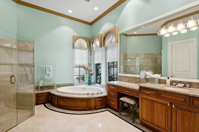 bathroom with tile patterned flooring, independent shower and bath, ornamental molding, and vanity