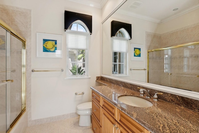 full bathroom with shower / bath combination with glass door, vanity, tile patterned flooring, toilet, and ornamental molding