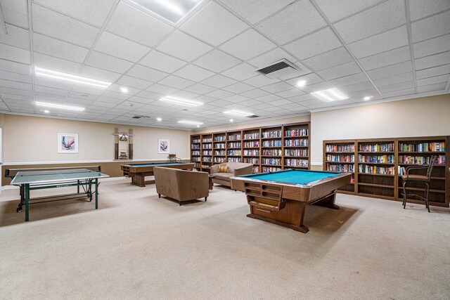 rec room featuring a drop ceiling, light carpet, and billiards