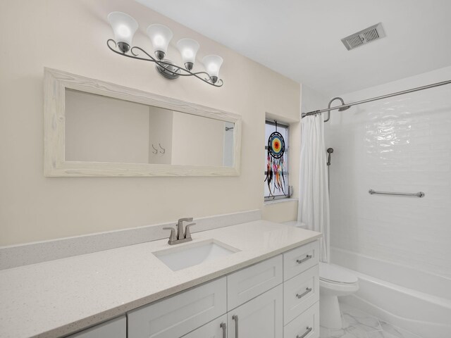 full bathroom featuring vanity, toilet, and shower / tub combo with curtain