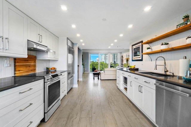 kitchen with dark countertops, under cabinet range hood, a sink, and stainless steel appliances
